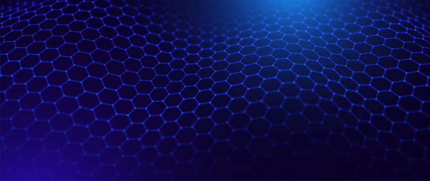 Digital Blue Hexagonal Cell Pattern With Glowing Edges Tech Background. Futuristic Abstract Game Cyber Grid Defense Shield Design Texture. Vector Illustration.