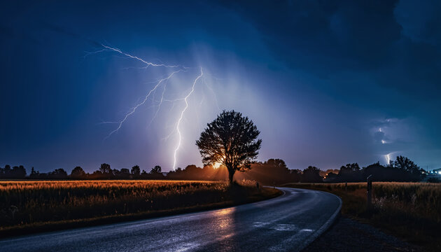 Lightning strikes over a rural road during a storm at night.