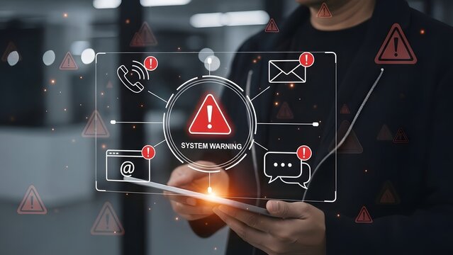 Person holds a tablet displaying a "system warning" message with a large red triangle, surrounded by various digital alert icons, signifying critical system issues.