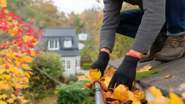 Worker cleaning leaves from roof gutter, autumnal