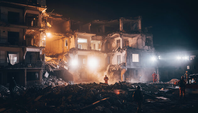 Damaged multi-story building at night with emergency responders and debris.