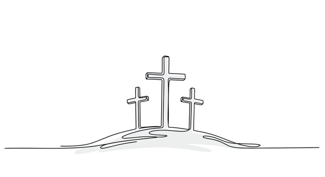Three Christian Crosses on a Hill for Easter and Faith, Continuous Line Drawing