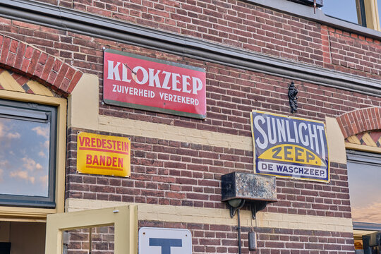 Nostalgia And Vintage Advertising In Haaksbergen Netherlands Old Enamel Signs On Brick Wall Klokzeep Sunlight Zeep Vredestein Banden Open Day Museumbuurtspoorweg Boekelo