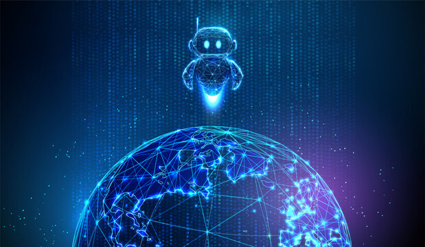 3d cute robot flying upward from Earth within vertical stream of data points. AI-driven global analytics, planetary data processing, intelligent system deployment concept.