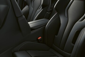 Obraz premium Luxurious car interior with black leather seats and armrest detail 