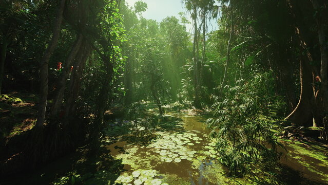 sunlit forest clearing with dappled light, open space framed by dense canopy, soft carpet of ferns and leaf litter, gentle breeze, pollinators and subtle