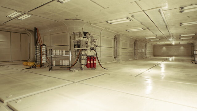 Technical rack area with gas cylinders and pressure regulators, manifold arrays and labeled valves, safety signage present, equipment inspection implied.