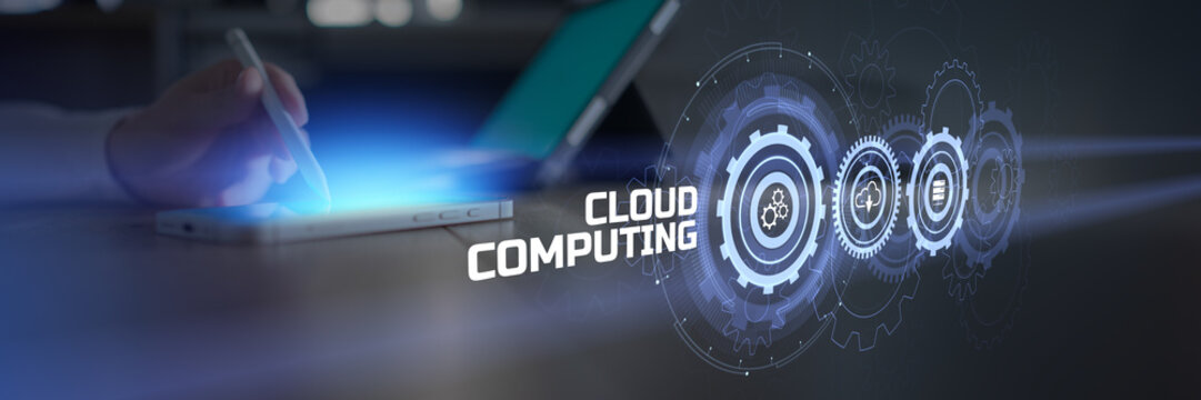 Cloud Computing Infrastructure and Virtualization Technologies Projected on Touchscreen Interface.