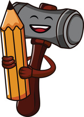 Obraz premium Emotive cartoon hammer character enthusiastically embracing a large yellow pencil, symbolizing creativity, construction, and educational endeavors in a cheerful design