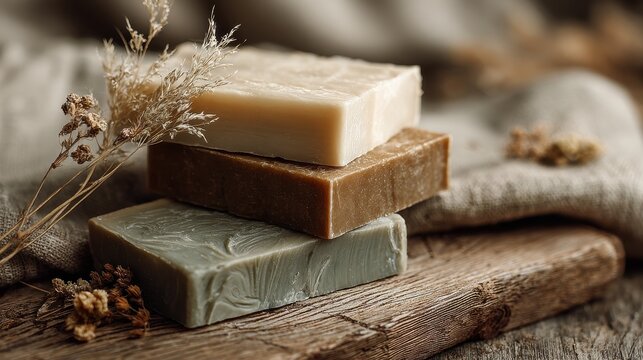 Close-up of handmade natural soap bars on a rustic wooden surface with soft natural light
