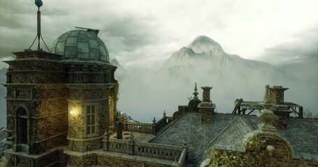 stormy mansion tower with glowing windows under heavy clouds. wet slate roofs reflect lantern light, tall chimneys and ornate cornices stand out © icetray