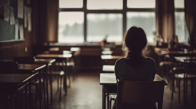 Lonely child sitting alone in classroom, childhood loneliness and social isolation concept, school environment, emotional well-being, education challenges, mental health awareness and support