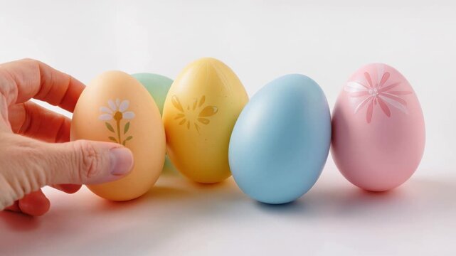 Four pastel eggs with delicate floral engravings arranged in a row on a white background, creating a clean Easter composition with soft tones and minimal aesthetic.