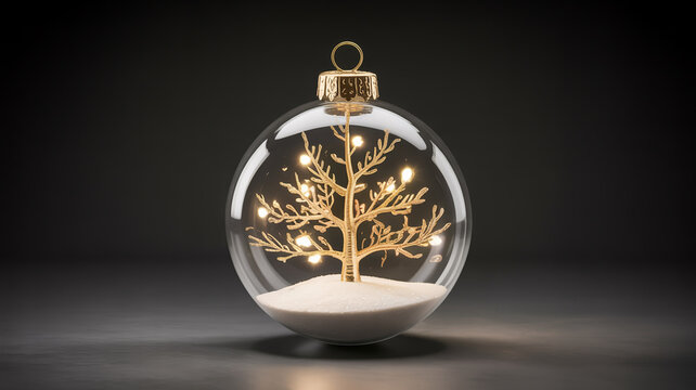 A gold tree inside a glass ornament with lights