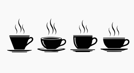Fototapeta premium Minimalist Coffee Cup Icons Set, Black Silhouette Steaming Tea Mugs with Saucers, Flat Vector Illustration Isolated on White Background