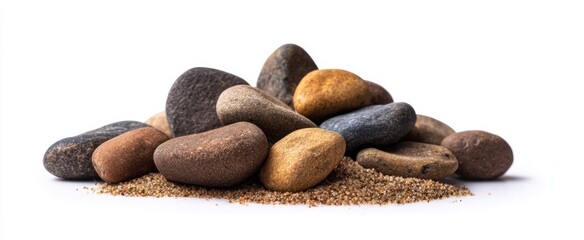 Naklejka premium Brown pebbles and fine sand on white background ideal for gardening and construction.