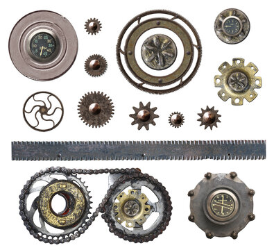 Vintage nail, gear, speedometer, inclinometer collection. Set of retro steel rusty rivet hardware, old screw, metal plate, bolt for industrial and steampunk design. Isolated on white background