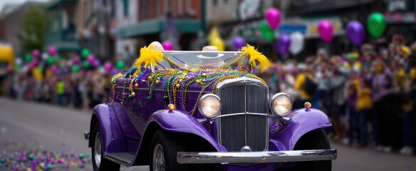 Naklejka premium Excited group revels in colorful mardi gras parade from a festively adorned convertible car
