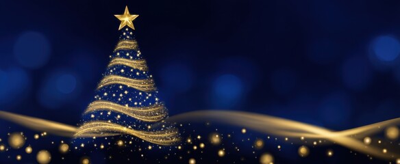Naklejka premium A blue backdrop features a shimmering Christmas tree with stars and glowing lights.