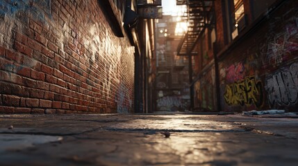 A gritty urban alleyway bathed in golden hour light. Low-angle view shows brick walls, graffiti, and a deserted, atmospheric path.