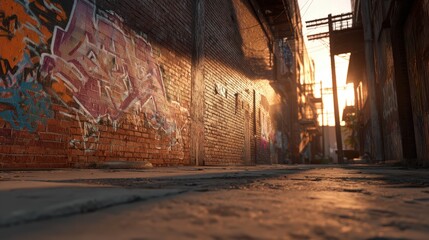 Fototapeta premium A gritty urban alley with graffiti-covered brick walls, bathed in the warm, golden light of the setting sun.