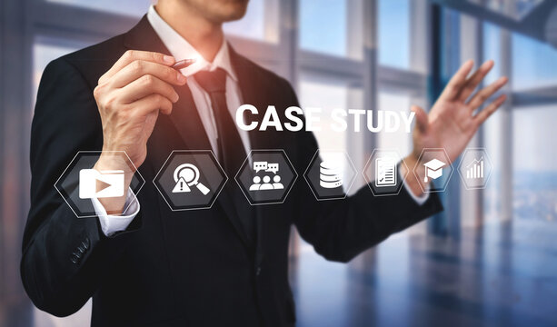 A businessman presents a case study concept in a sophisticated office, showcasing icons and infographic elements to emphasize strategy and growth in a corporate environment. Ledger
