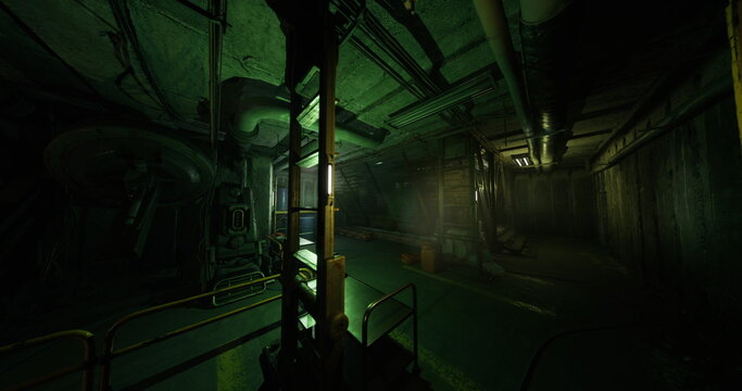 sunlit power shaft with towering pillars urban explorer drone capturing shafts of light through broken vents, rusted catwalks and generator housings bathed