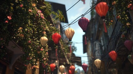 Naklejka premium Colorful lanterns hang across a sunlit alley adorned with lush green vines and flowers, creating a vibrant, festive atmosphere in an old town.
