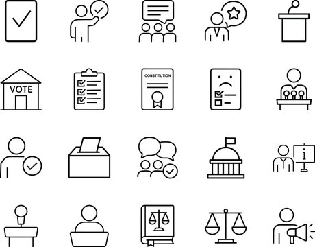 Election voting politics line vector icon set ballot box checkmark constitution justice