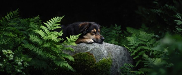 Fototapeta premium Dog lounging on a mossy boulder nestled in vibrant ferns exuding tranquility.