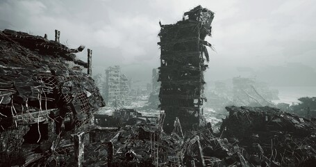 Obraz premium Ruined coastal tower looming over foggy shoreline with scattered rubble and eroded concrete, stormscarred landscape and monochrome mood, sense of abandonment