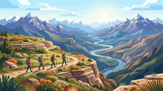 Three hikers with backpacks and trekking poles walk on a winding path through a scenic mountain valley with a river below and snow-capped peaks in the distance.