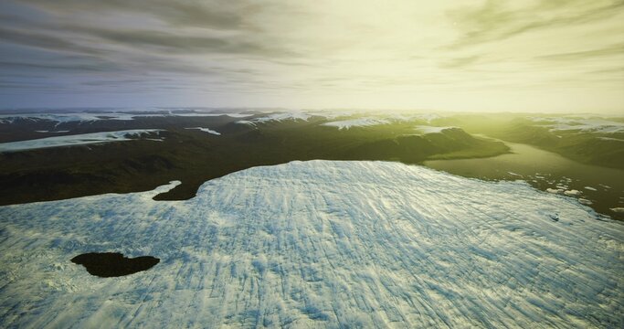 Aerial charting of ice margin and scattered floes near coastline, mapping perspective for shipping hazard analysis and coastal planning with muted sky