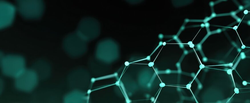 modern technology backdrop with a 3D cube mesh nodes and hexagonal shapes in teal gradients