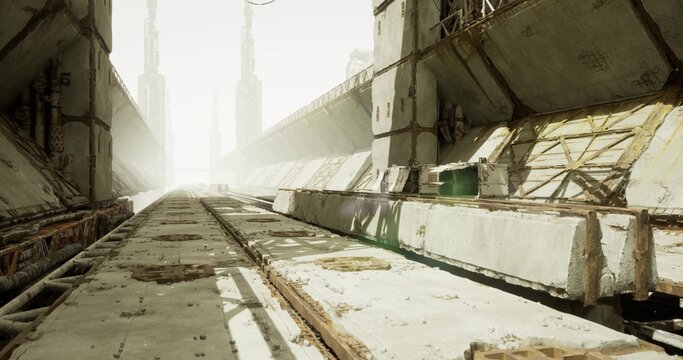 Sunwashed futuristic expressway used by inspection crew, broad illuminated concrete route leading to twin towers, integrated maintenance pathways and service