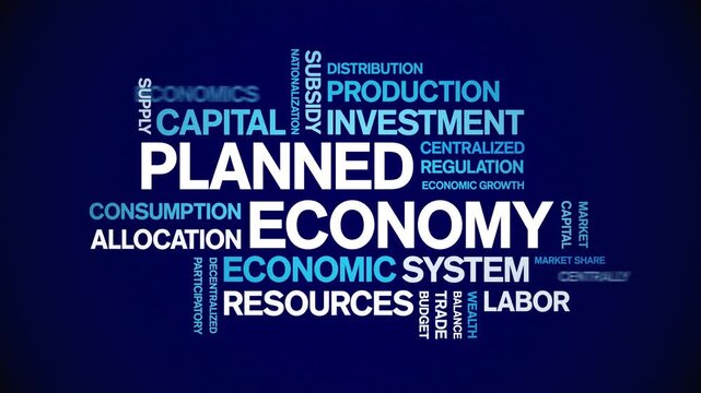 Planned Economy animated word cloud-text design animation tag kinetic typography seamless loop.