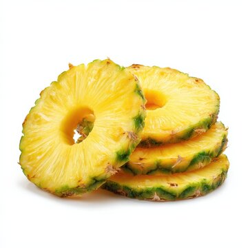 A stack of fresh, juicy pineapple rings with their green skin, cored and isolated on a clean white background. A healthy, tropical fruit.