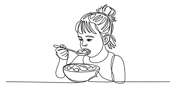 A young girl with a hair bun eating a meal from a bowl using a spoon in a continuous line drawing