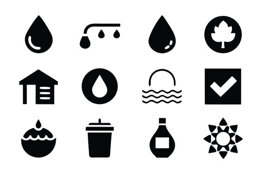 Collection of Water, Nature, and Utility Icons in Silhouette Design
