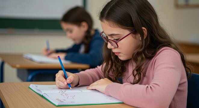 Girl scribbling hearts in notebook at classroom desk with classmates and focused school energy