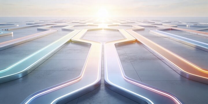 Interconnected glowing pathways leading to a bright horizon for business growth strategy and future planning background