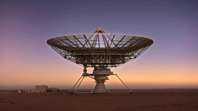 Large radio telescope dish antenna in a desert landscape at sunset with a purple and orange sky.