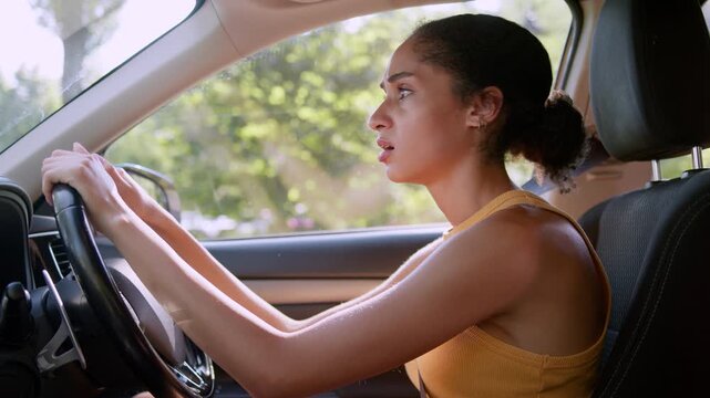 Angry African American business woman shouting traffic jam in city car frustrated businesswoman female driver scream road conflict gripping steering wheel transport horn signal accident danger stress