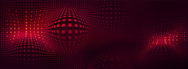 Abstract tech vector background with red halftone light effects, glowing digits and pixel data pattern. Modern digital fintech design with mesh texture and convex bubble elements © klyaksun