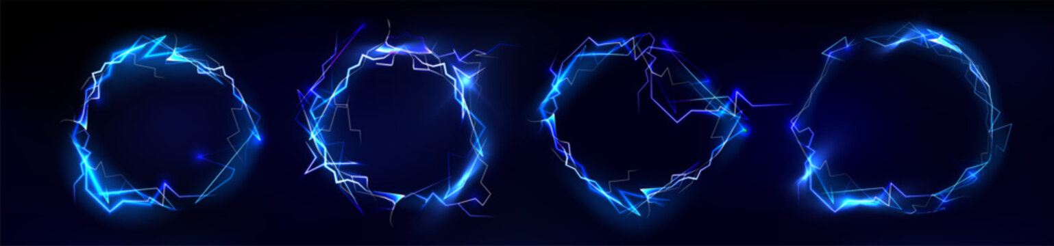 Electric energy frame with glowing blue lightning bolts and neon thunder effect, realistic vector illustrations isolated on black background. Powerful border design of spark discharges