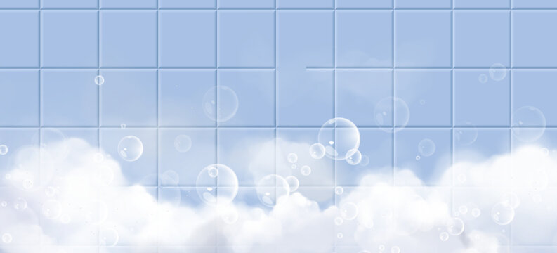 Bathroom tile wall with steam and foam bubbles floating in air, realistic vector background. Fresh clean interior backdrop for soap or shampoo product displays with sparkling water drops
