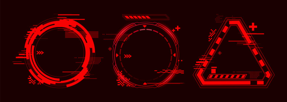 High tech hud interface with glowing red alert frames and futuristic holographic elements, abstract vector icons isolated on black background. Game ui design and cyber punk digital displays