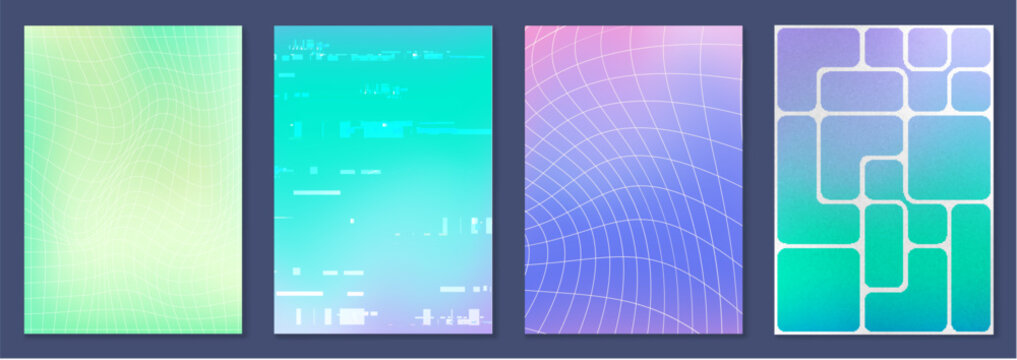 Abstract y2k posters set with glitch effect and wireframe landscape on rainbow gradient background. Vector illustration of futuristic wallpaper, neon green and pink grid patterns, trendy tech backdrop