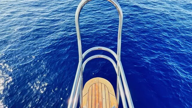 View from the pulpit of a sailing ship of the blue ocean, tilting towards an island on the horizon.