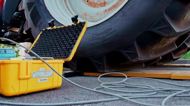 A yellow box containing measuring equipment with cables stands next to an enormous tractor tire. Close up shot.